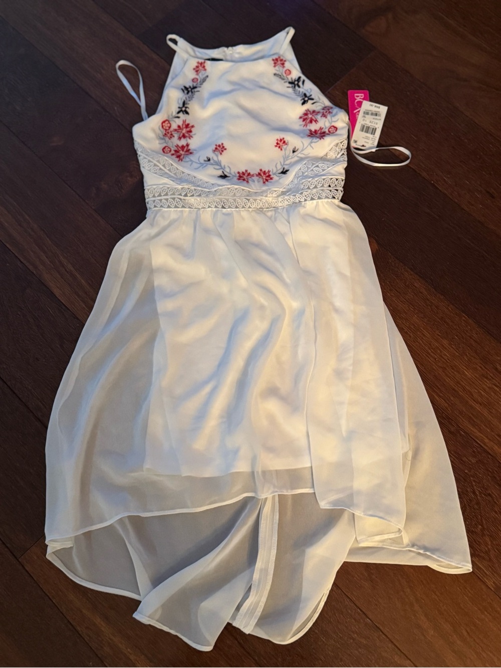 White Floral Embroidered Halter High-Low Dress for Girls